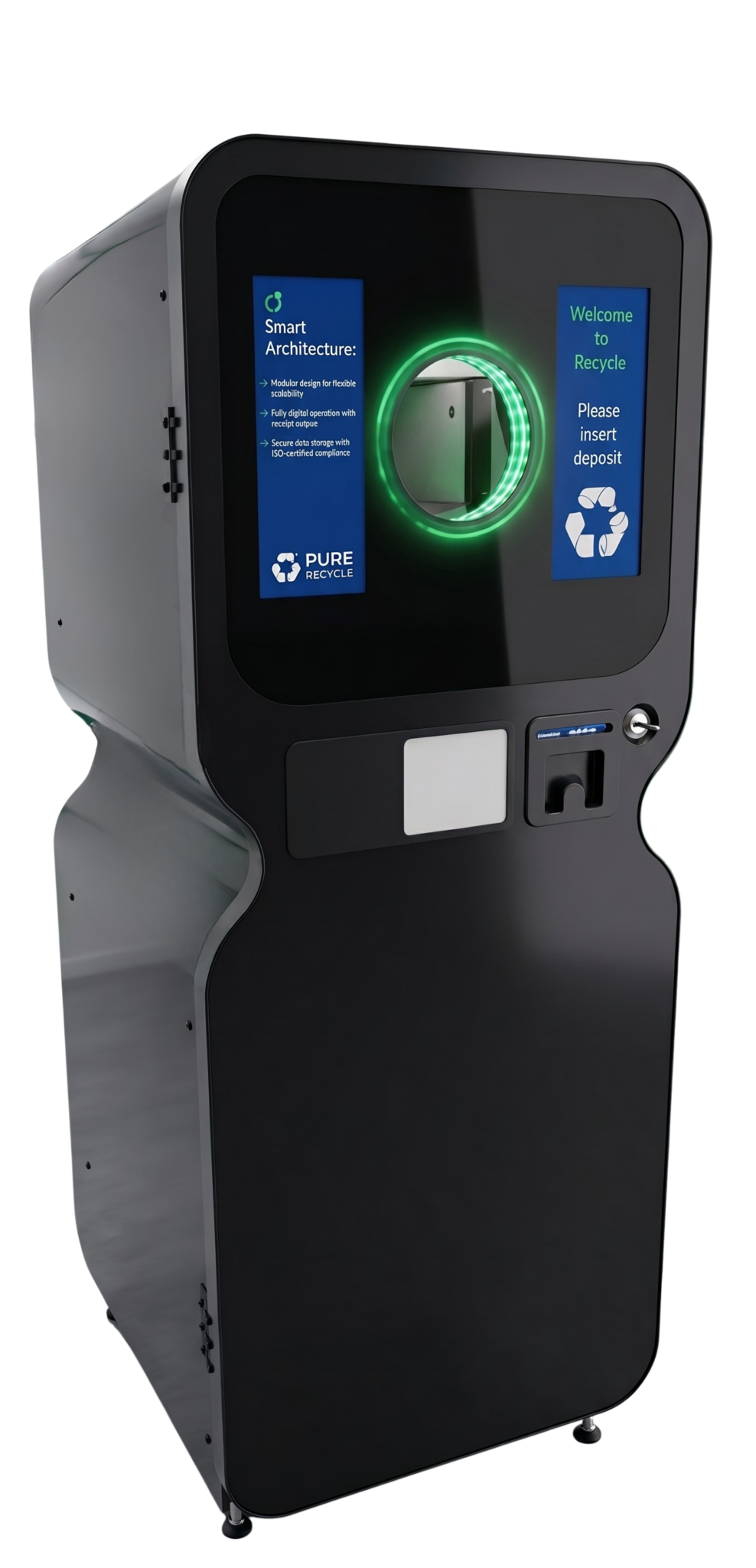 The Pure RVM 5, a high-capacity compact reverse vending machine for bottle and can recycling, featuring a modern white chassis and a large integrated touch screen for smart retail environments.