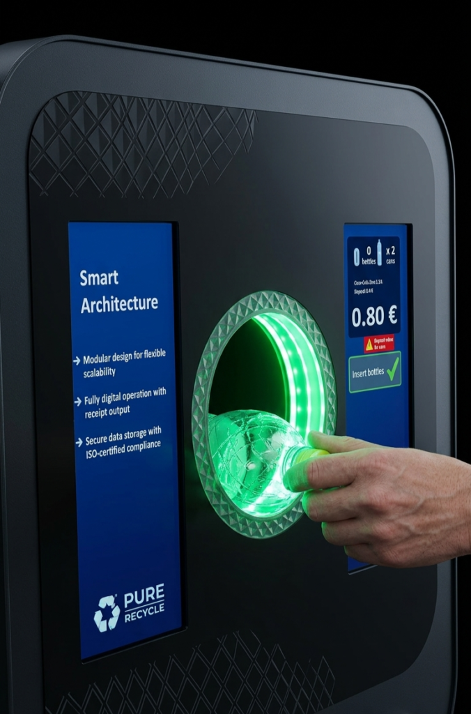 A close-up of the Pure RVM 5 bottle intake process, showing the illuminated green sensor ring and a clear plastic bottle being inserted for fast recycling