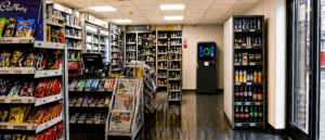 Sleek black Pure RVM 5 reverse vending machine placed in a bright, modern European convenience store aisle."
